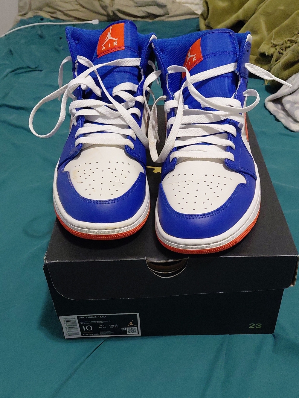 Jordan 1 Mids -Top Sneakers in Blue White and Orange